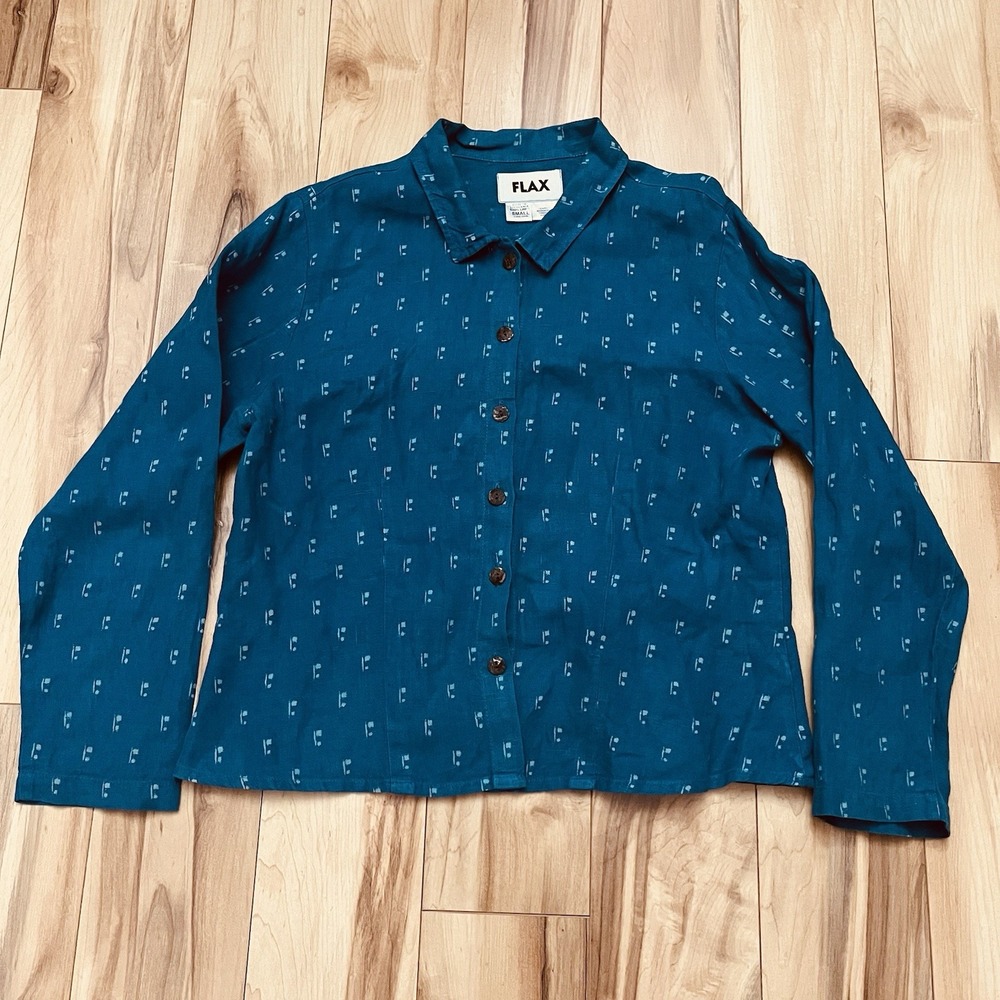 Flax Sz S Blue Linen Relaxed Button Front Long Sleeve Shirt Blouse Top Lagenlook